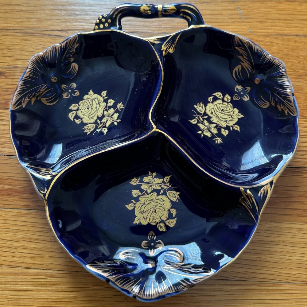 Vintage porcelain navy blue and gold floral 3 dividers serving dish plate handle
